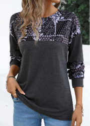 Modlily Dark Grey Patchwork Tribal Print Long Sleeve T Shirt - M