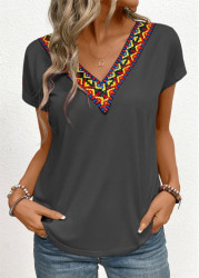 Modlily Dark Grey Patchwork Tribal Print Short Sleeve T Shirt - S