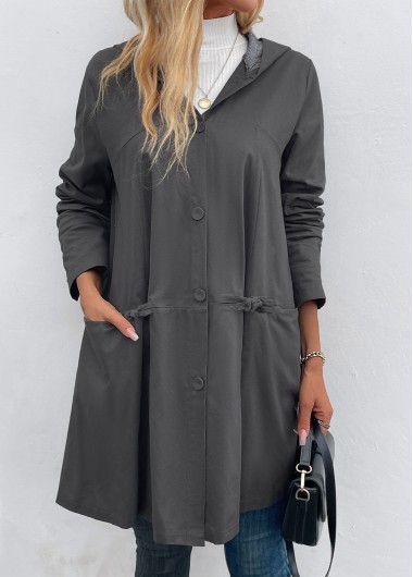 Modlily Dark Grey Pocket Long Sleeve Hooded Coat - S