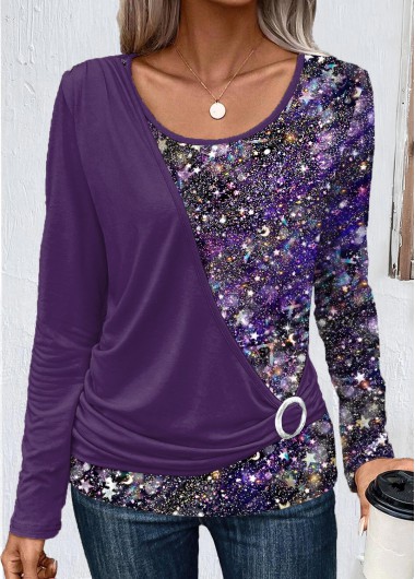 Modlily Dark Purple Patchwork Long Sleeve T Shirt - S