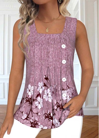 Modlily Dark Reddish Purple Button Floral Print Sleeveless Tank Top - S