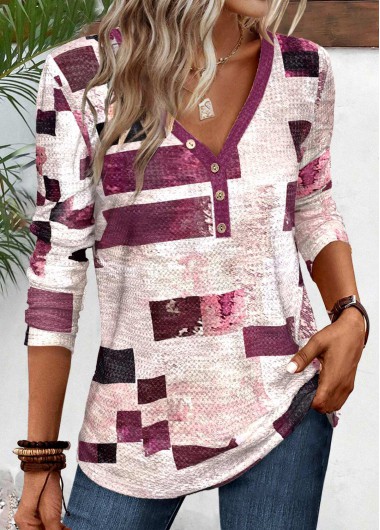 Modlily Dark Reddish Purple Button Geometric Print T Shirt - S