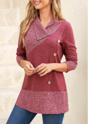 Modlily Dark Reddish Purple Button Long Sleeve Sweatshirt - S