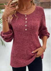 Modlily Dark Reddish Purple Button Long Sleeve T Shirt - M