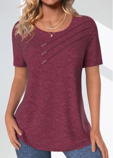 Modlily Dark Reddish Purple Button Short Sleeve T Shirt - S