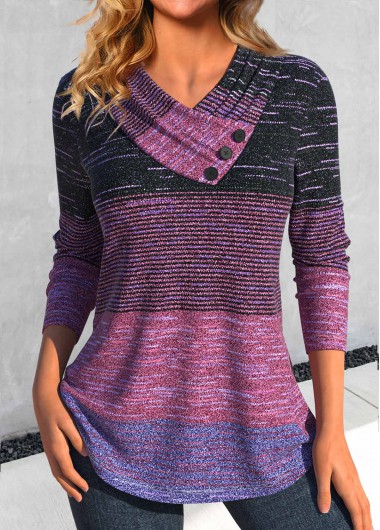 Modlily Dark Reddish Purple Button Striped Long Sleeve T Shirt - M