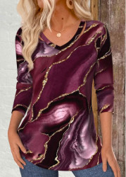 Modlily Dark Reddish Purple Cut Out Marble Print T Shirt - S