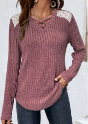 Modlily Dark Reddish Purple Lace Long Sleeve T Shirt - S