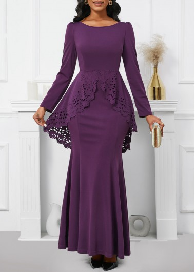 Modlily Dark Reddish Purple Long Sleeve Mermaid Maxi Bodycon Dress - S