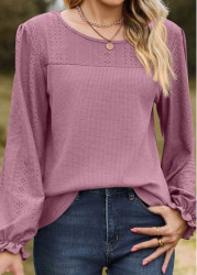 Modlily Dark Reddish Purple Patchwork Long Sleeve T Shirt - M