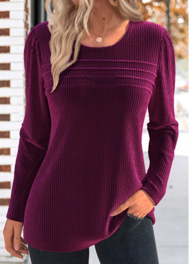 Modlily Dark Reddish Purple Tuck Stitch Long Sleeve T Shirt - S