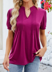 Modlily Dark Reddish Purple Tuck Stitch Short Sleeve T Shirt - S