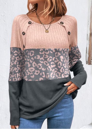 Modlily Decorative Button Light Pink Leopard Long Sleeve T Shirt - S