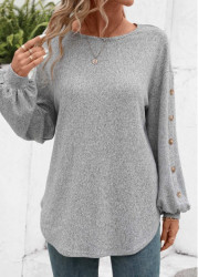 Modlily Decorative Button Long Sleeve Light Grey T Shirt - S