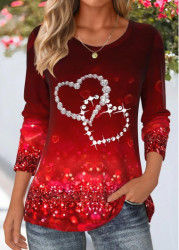 Modlily Deep Red Heart Print Long Sleeve T Shirt - M