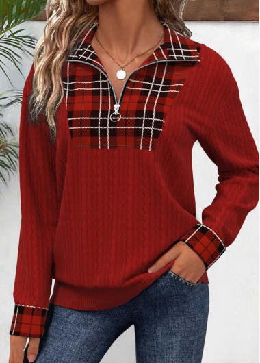 Modlily Deep Red Patchwork Plaid Long Sleeve Sweatshirt - S