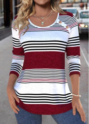 Modlily Deep Red Patchwork Striped Long Sleeve T Shirt - S