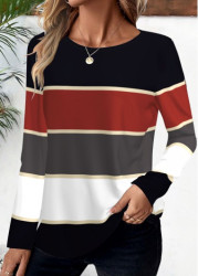 Modlily Deep Red Striped Long Sleeve Round Neck T Shirt - S