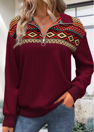 Modlily Deep Red Zipper Tribal Print Long Sleeve Sweatshirt - S