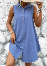 Modlily Denim Blue Button A Line Sleeveless Shirt Collar Dress - S