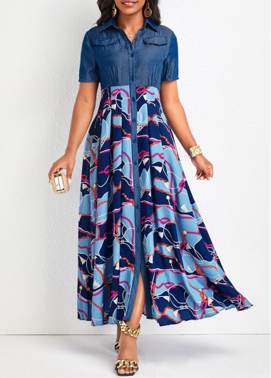 Modlily Denim Blue Button Chain Print Maxi Dress - S