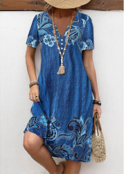 Modlily Denim Blue Button Floral Print A Line Dress - S