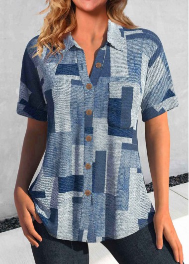 Modlily Denim Blue Button Geometric Print Short Sleeve Blouse - S