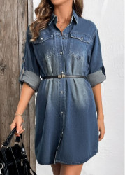 Modlily Denim Blue Button High Low Strappy Shirt Collar Dress - S