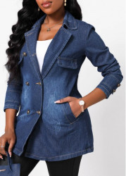 Modlily Denim Blue Button Long Sleeve Lapel Jacket - L