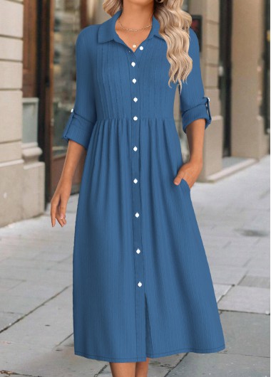 Modlily Denim Blue Button Long Sleeve Shirt Collar Dress - M