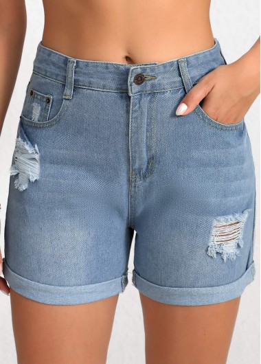 Modlily Denim Blue Button Regular High Waisted Shorts - M