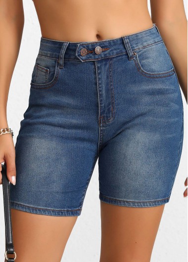 Modlily Denim Blue Button Skinny High Waisted Shorts - S