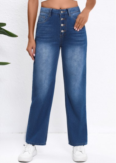 Modlily Denim Blue Button Straight Leg High Waisted Jeans - S