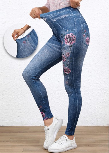 Modlily Denim Blue Denim-effect Print High Waisted Ankle Length Leggings - S