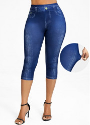 Modlily Denim Blue Denim-effect Print High Waisted Capri Leggings - S