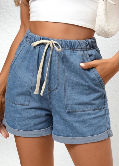 Modlily Denim Blue Double Side Pockets Regular Elastic Waist Shorts - S