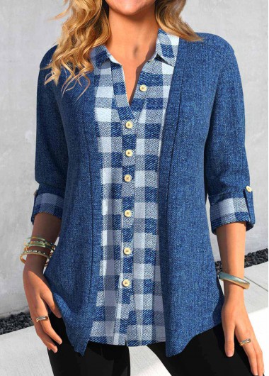 Modlily Denim Blue Fake 2in1 Plaid Shirt Collar Blouse - S