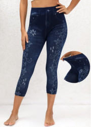 Modlily Denim Blue Floral Print High Waisted Capri Leggings - S