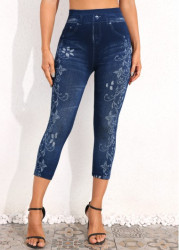 Modlily Denim Blue Floral Print High Waisted Leggings - XL