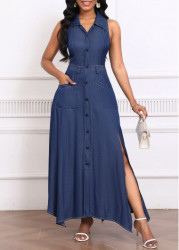 Modlily Denim Blue Handkerchief Hem Sleeveless Shirt Collar Maxi Dress - L