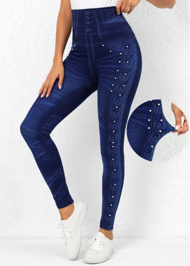 Modlily Denim Blue High Waisted Beaded Leggings - M