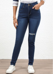 Modlily Denim Blue Hole Skinny Button Fly High Waisted Jeans - S