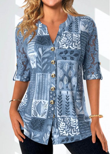 Modlily Denim Blue Lace Leaf Print Half Sleeve Blouse - S