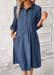 Modlily Denim Blue Patchwork A Line Long Sleeve Dress - S