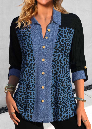 Modlily Denim Blue Patchwork Leopard Long Sleeve Blouse - S