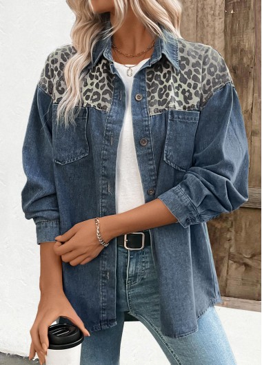 Modlily Denim Blue Patchwork Leopard Long Sleeve Shirt - S