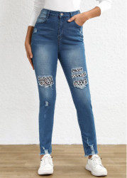 Modlily Denim Blue Patchwork Leopard Skinny Button Fly Jeans - S