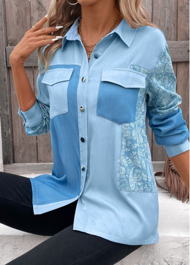 Modlily Denim Blue Patchwork Paisley Print Long Sleeve Blouse - M