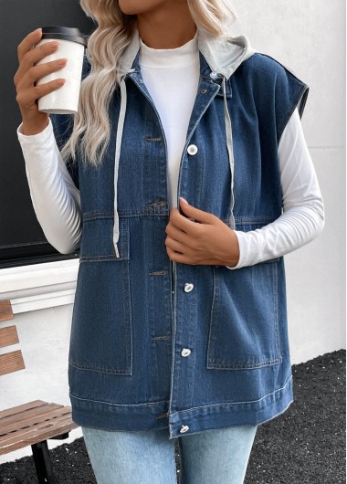 Modlily Denim Blue Patchwork Sleeveless Hooded Waistcoat - XS