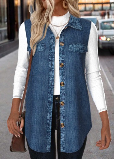 Modlily Denim Blue Patchwork Sleeveless Shirt Collar Waistcoat - S